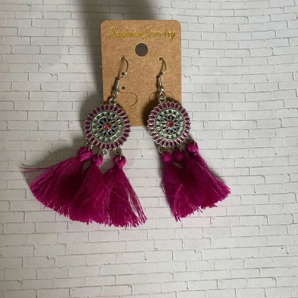Boho Tassel Earrings with Enamel Mandala